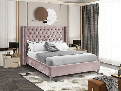 Dusty Pink Velvet Wing Bed with Deep Button Tufting and Nailhead Details