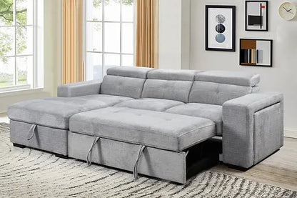 Sofa Bed Sectional with Charging Station Grey Fabric LHF