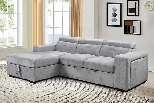 Sofa Bed Sectional with Charging Station Grey Fabric LHF