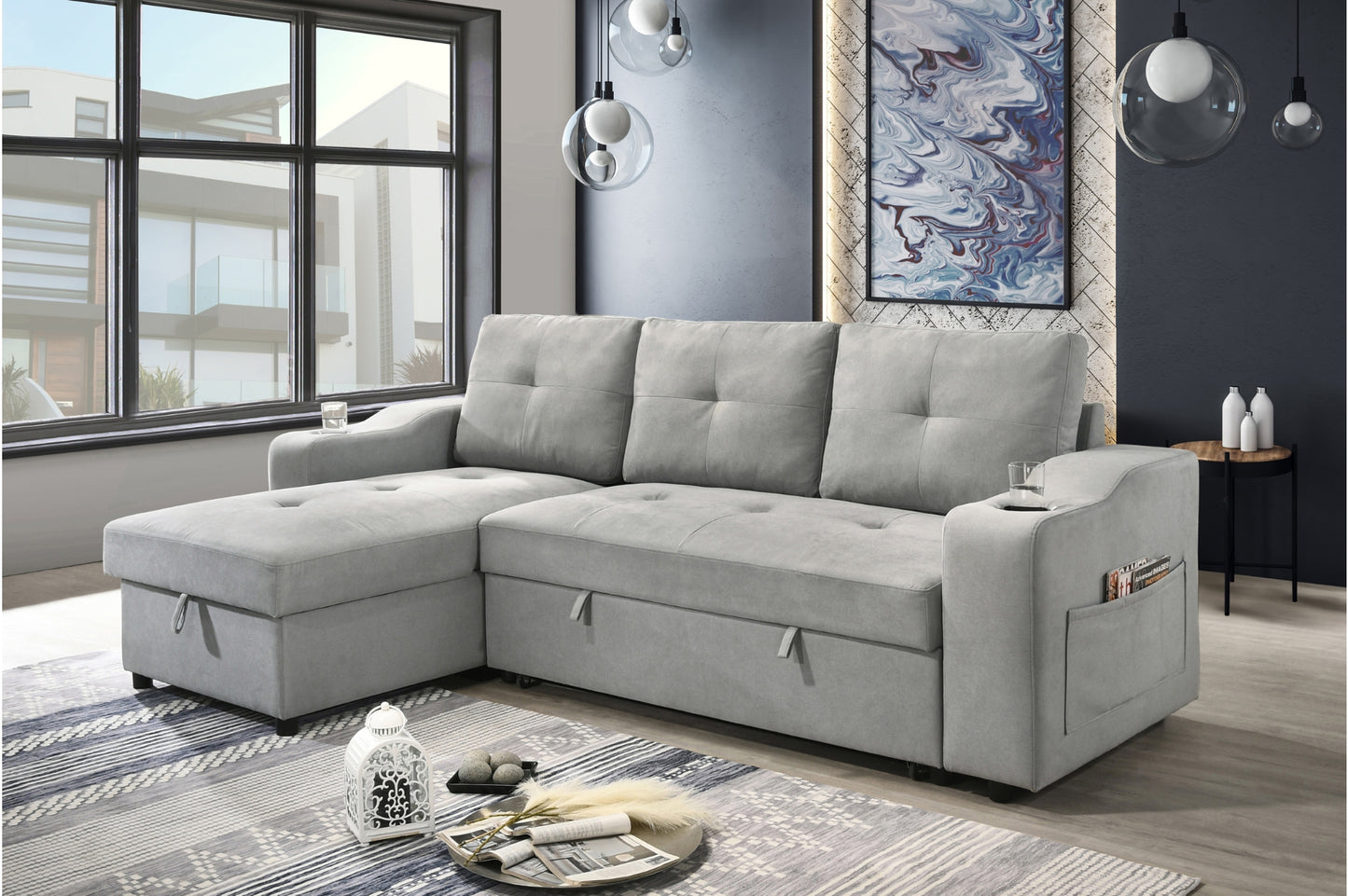 Light Grey 2-Piece Sectional with Pull-Out Sleeper & Reversible Storage Chaise