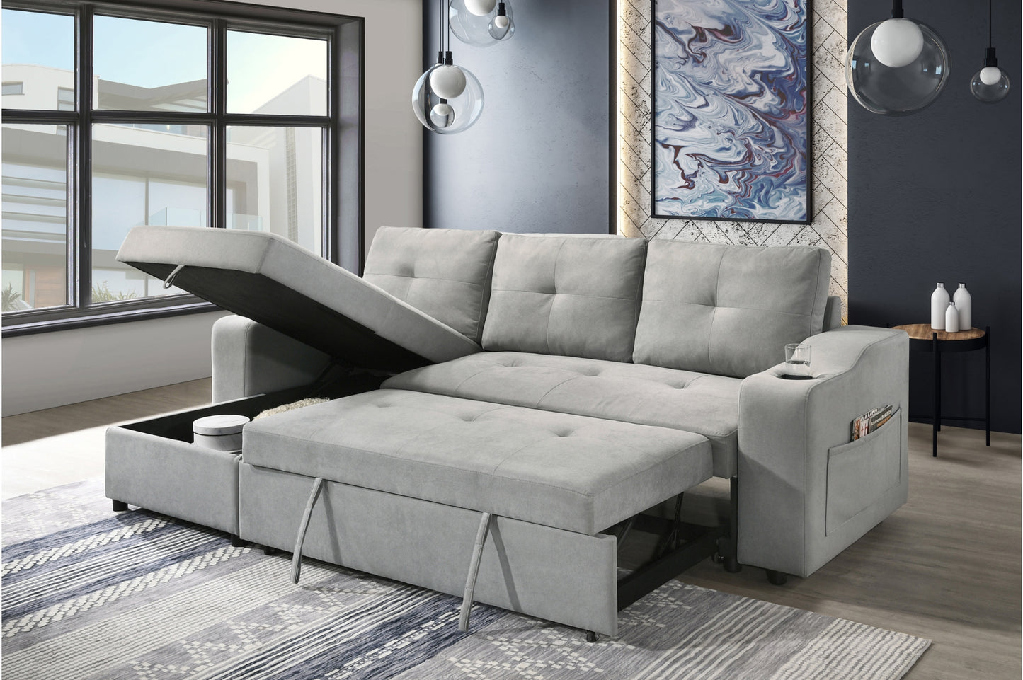 Light Grey 2-Piece Sectional with Pull-Out Sleeper & Reversible Storage Chaise