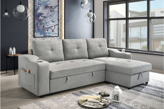 Light Grey 2-Piece Sectional with Pull-Out Sleeper & Reversible Storage Chaise