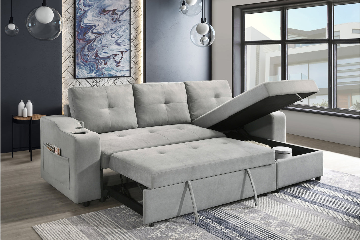 Light Grey 2-Piece Sectional with Pull-Out Sleeper & Reversible Storage Chaise