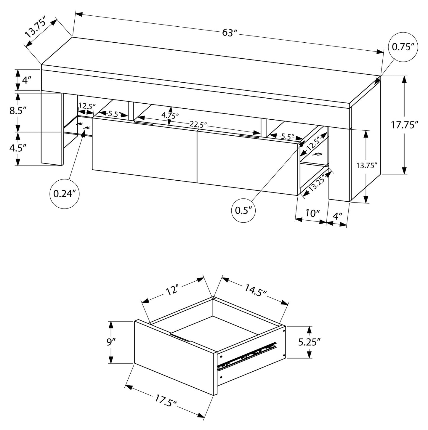 TV STAND - 63"L / HIGH GLOSSY WHITE WITH TEMPERED GLASS ETV-3548