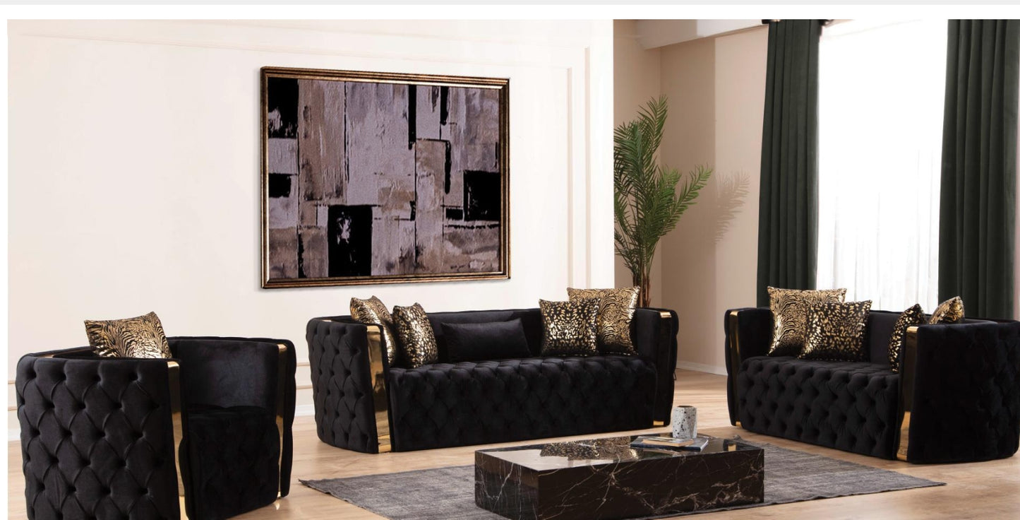 Living Room Sofa Set 3PC Velvet With Gold Finish ESS-NAOMI