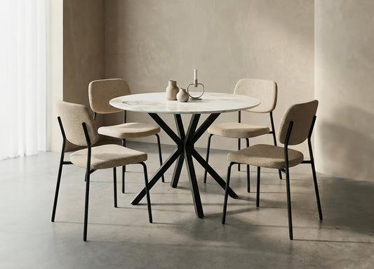 5-Piece White Sintered Stone Dining Set with Beige Chairs