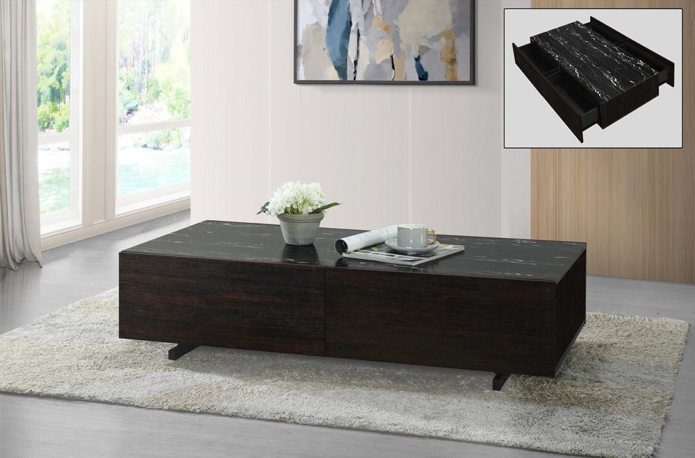 Coffee Table Black Marble Look/Grey Wood Finishes 4 Drawers ET-5137