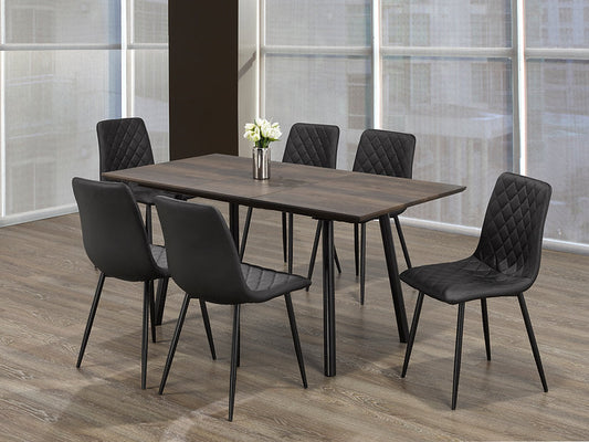7-Piece Wooden Table With Self Storing Butterfly Extension Leaf and Black Metal Legs with Black PU Cushion Seat With Diamond Pattern