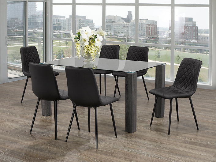 7-Piece Clear Top Tempered Glass Black Chairs Black Legs