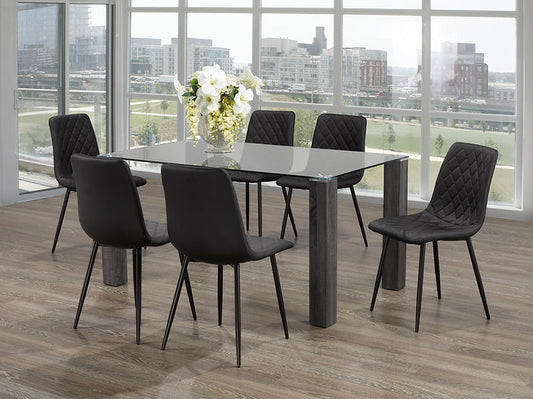 7-Piece Clear Top Tempered Glass Black Chairs Black Legs