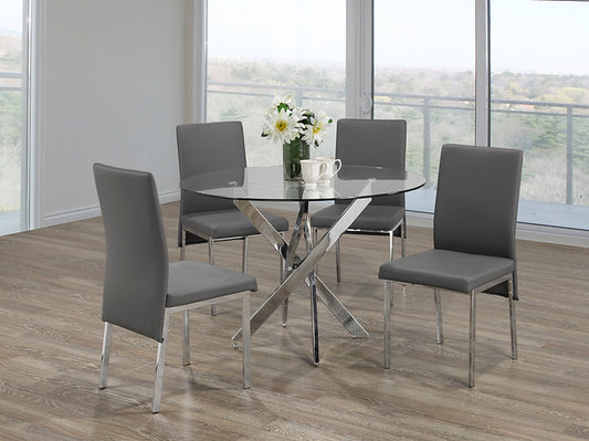 ELLA 5-Piece Modern Round Glass Table with Grey Chairs Chrome Legs