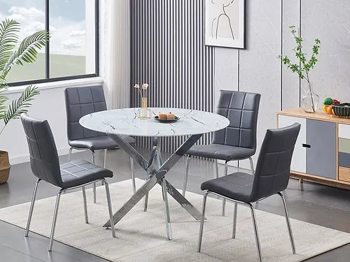 5-Piece Tempered White Marble Glass Table Top With Chrome Legs and Grey Checkered Chairs