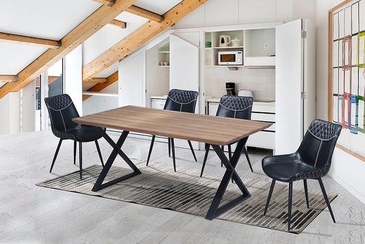 Ava 7 Piece Wood Table with Black Metal Legs Chocolate Black PU Chairs with Black Metal Legs