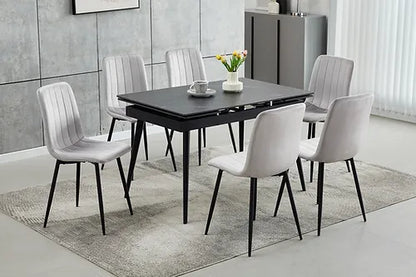 7-Piece Extension Marble Top With Black Steel Legs  with Chairs Dark Grey Velvet with Stitching Details, Black Steel Legs.