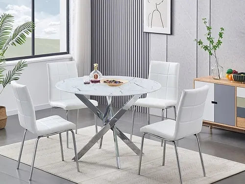 5-Piece Tempered White Marble Glass Table Top With Chrome Legs and White Checkered Chairs