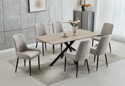 7-Piece Contemporary Wood Top Dining Set with Grey Fabric Chairs