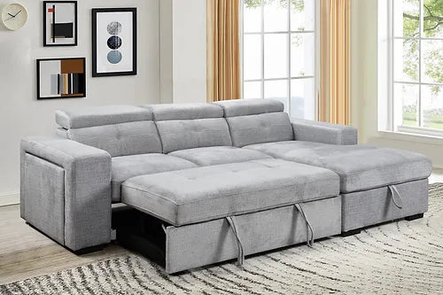 Sofa Bed Sectional with Charging Station Grey Fabric RHF