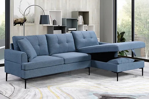 Blue Tufted Sectional with Storage & Black Metal Legs + Accent Pillows RHF