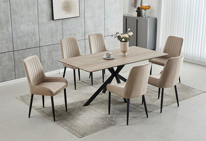 7-Piece Contemporary Wood Top Dining Set with Beige Fabric Chairs