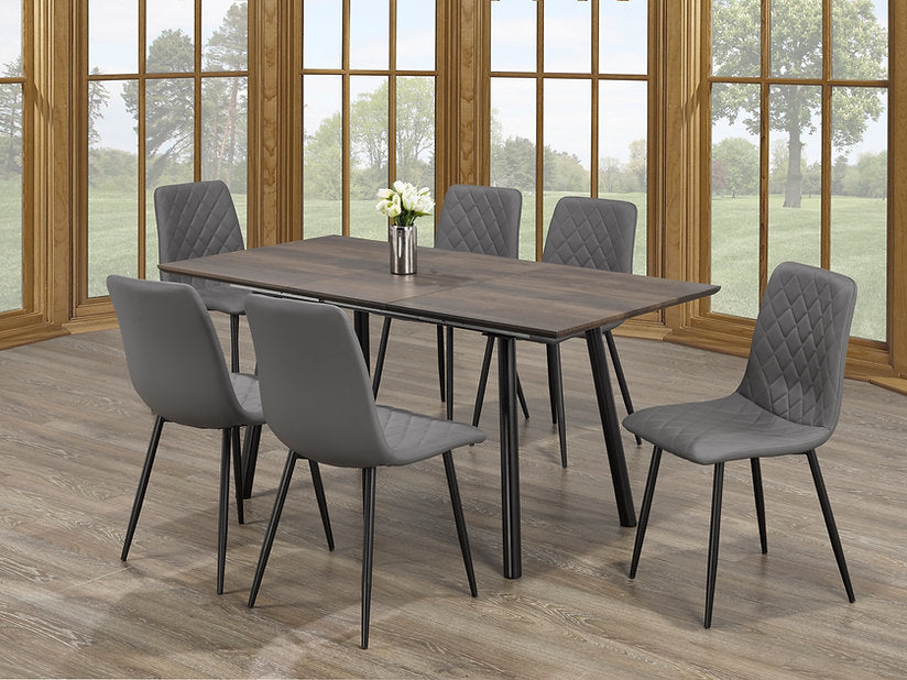 7-Piece Wooden Table With Self Storing Butterfly Extension Leaf and Black Metal Legs with Black PU Cushion Seat With Diamond Pattern