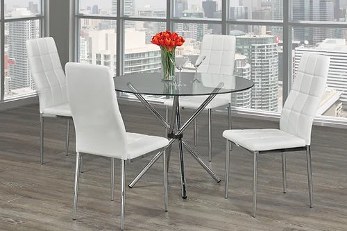 Nil 5-Piece Round Glass Top with White Chairs Chrome Legs