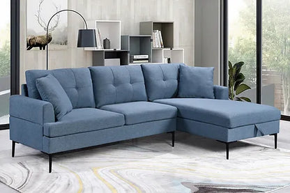 Blue Tufted Sectional with Storage & Black Metal Legs + Accent Pillows RHF