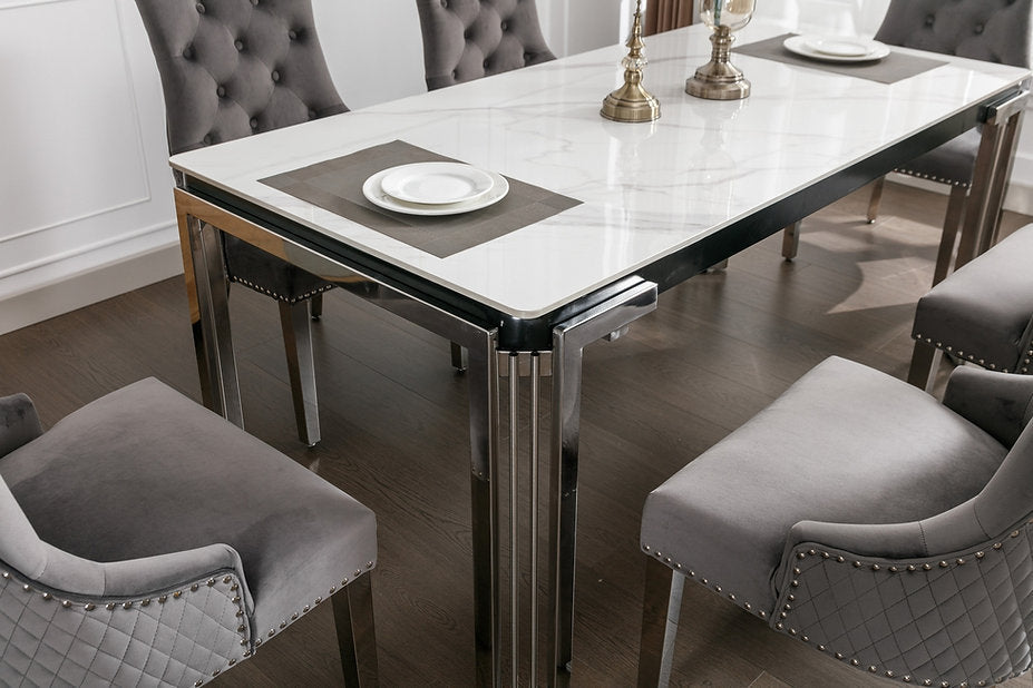 Dining Table Set 7Pc Marble Top Chrome Legs ET-1274/EC-1250