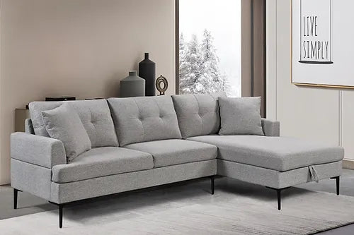 Grey Tufted Sectional with Storage & Black Metal Legs + Accent Pillows