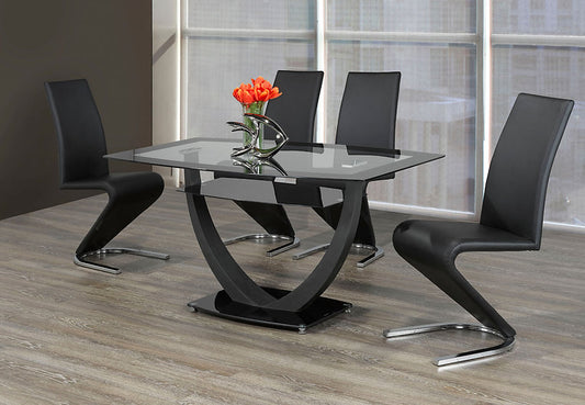 Modern Table Top Glass Black Upholstered Chairs with Chromed Legs