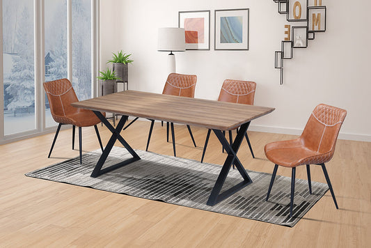 Ava 7 Piece Wood Table with Black Metal Legs Chocolate Brown PU Chairs with Black Metal Legs