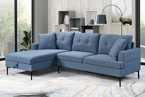 Blue Tufted Sectional with Storage & Black Metal Legs + Accent Pillows