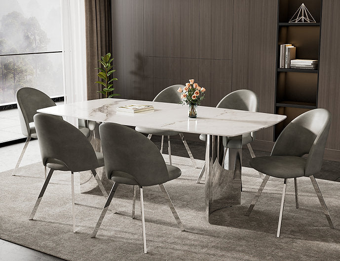 7-Piece Dining Set Sintered Stone Table with Stainless Steel Base & Soft Grey PU, Stainless Steel Legs