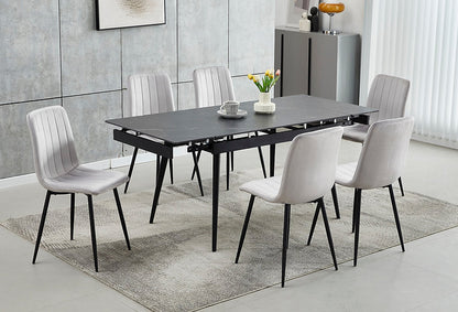 7-Piece Extension Marble Top With Black Steel Legs  with Chairs Dark Grey Velvet with Stitching Details, Black Steel Legs.