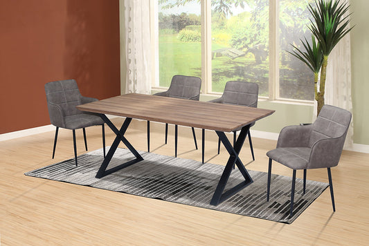 7-Piece Modern Wood Table with Black Metal Legs  Charcoal Brown PU Chairs with Black Metal Legs