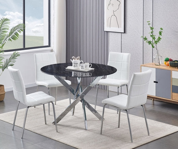 Dining Room Set 5PC Black Marble Glass Chrome Legs ET-1445/EC-1760