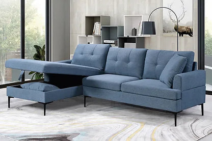 Blue Tufted Sectional with Storage & Black Metal Legs + Accent Pillows