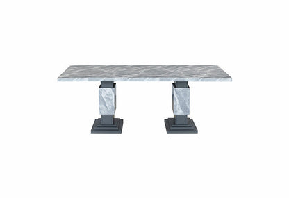 7 Piece Dining Set Faux Grey Marble Top with Double Pedestal Base Soft Grey Fabric with Plush Channel Tufting