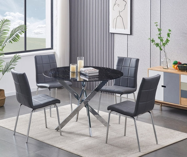 Dining Room Set 5PC Black Marble Glass Chrome Legs ET-1445/EC-1760