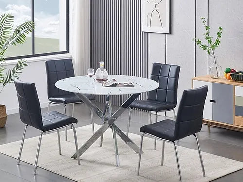 5-Piece Tempered White Marble Glass Table Top With Chrome Legs and Black Checkered Chairs