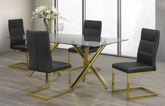 5-PIECE DINING SET  BLACK CHAIRS /GOLD BASE WITH TOP GLASS