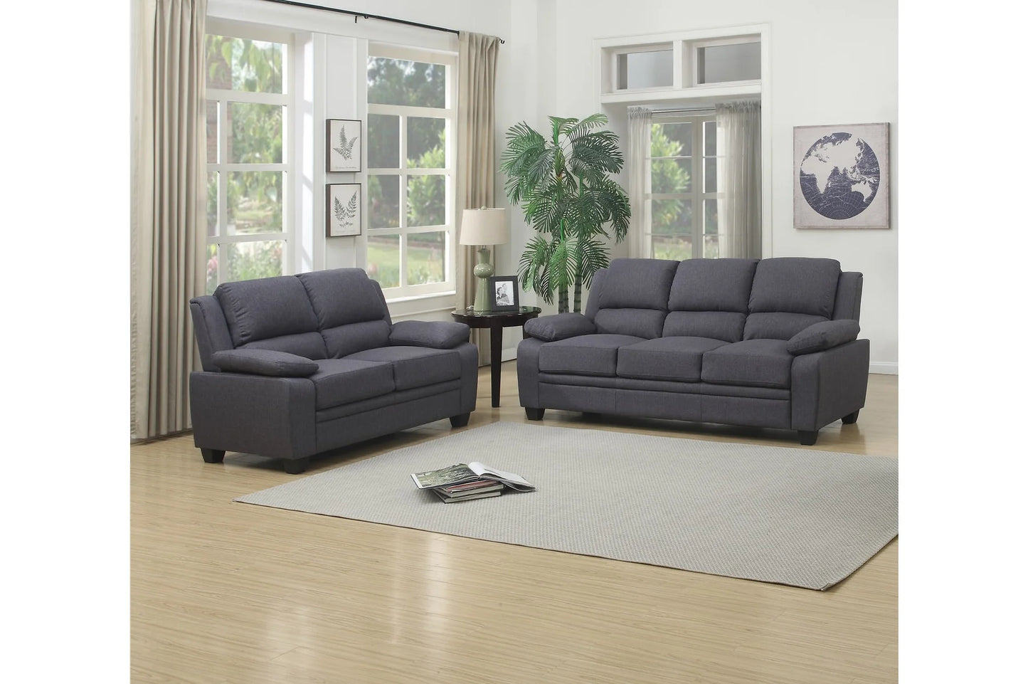 3-Piece Set Grey Fabric Sofa Set With High Back And Pillows Over The Arms